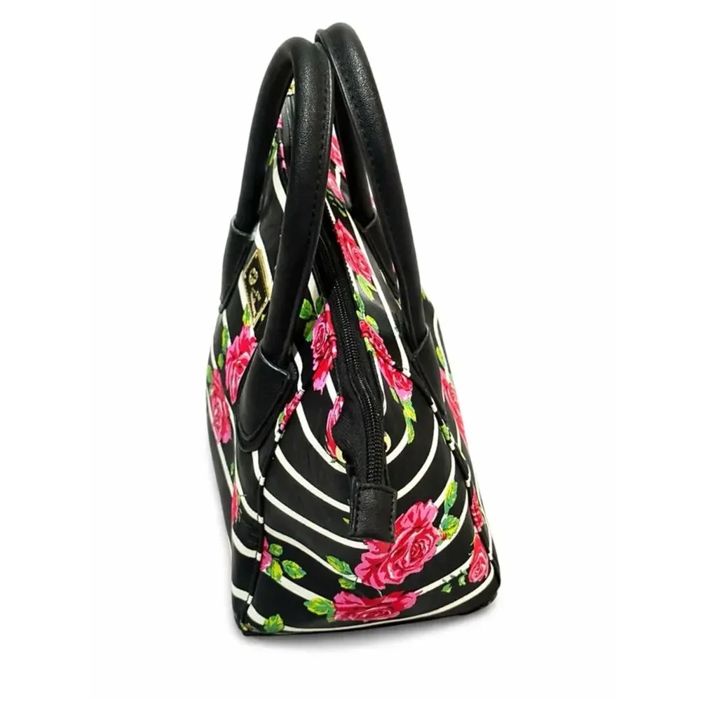 Betsey Johnson Floral Stripe Satchel Black Pink Rose Mini Handbag Y2K